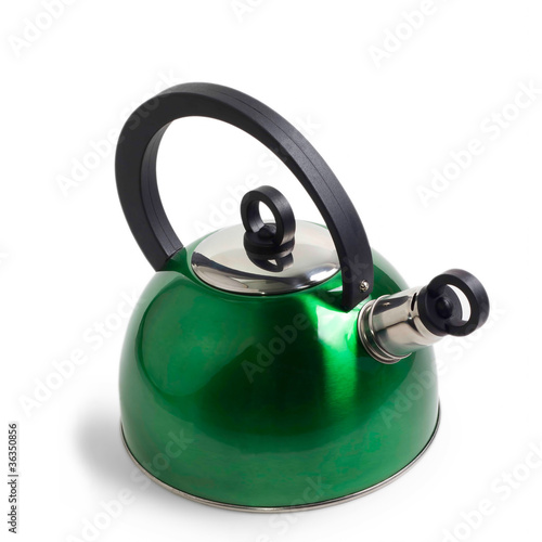 green iron kettle isolated on white background