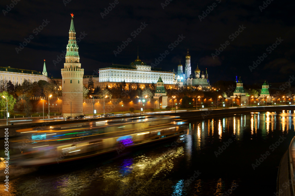 Moscow Kremlin and river with ship