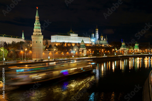 Moscow Kremlin and river with ship