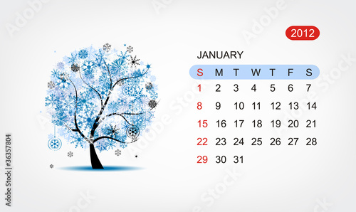 Vector calendar 2012, january. Art tree design