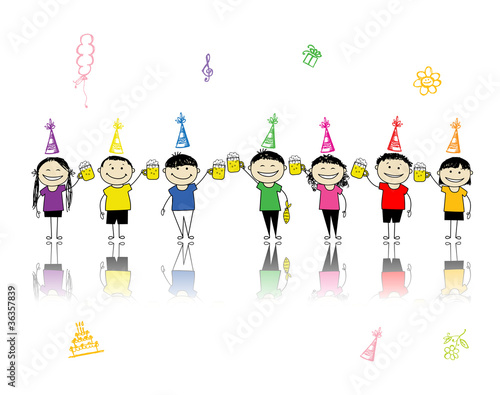 Birthday party, friends with beer mugs for your design