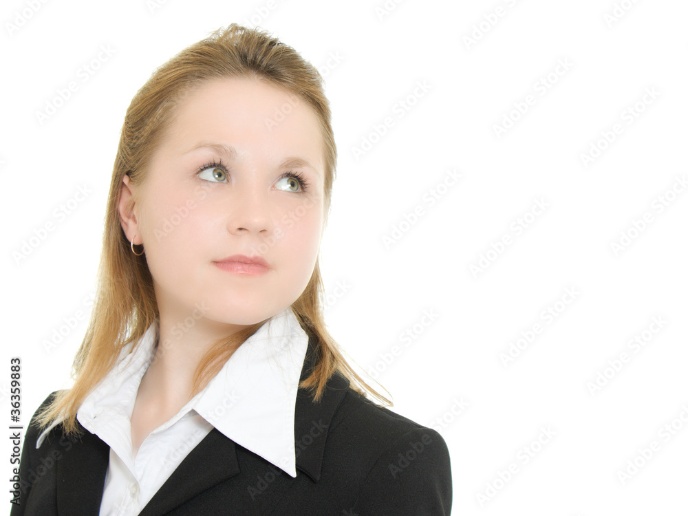 Business woman on a white background turned back. Business woman on a white background turned back.