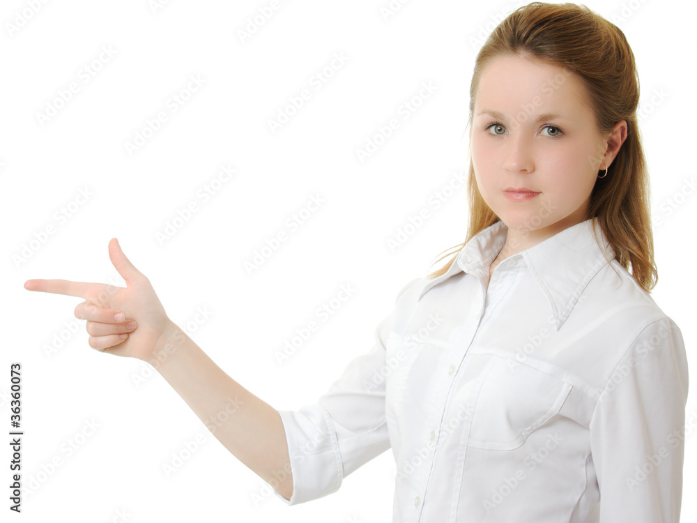 Business woman points a finger at a white background. Business woman points a finger at a white background.