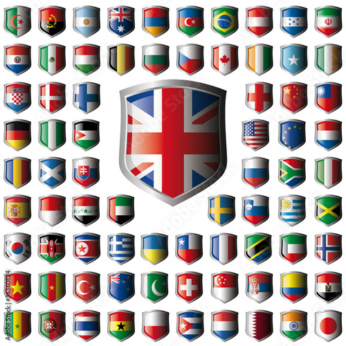 Shiny shield flags with metal frame collection -  vector illustr