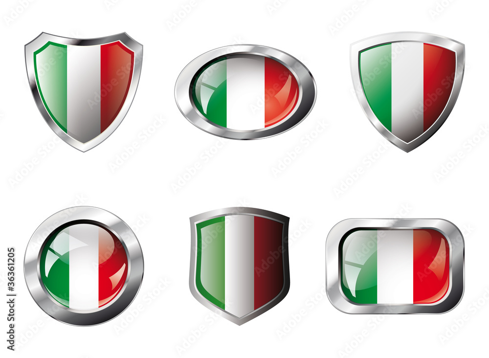 Italy set shiny buttons and shields of flag with metal frame - v Italy set shiny buttons and shields of flag with metal frame - v