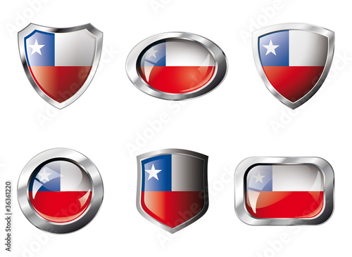 Chile set shiny buttons and shields of flag with metal frame - v