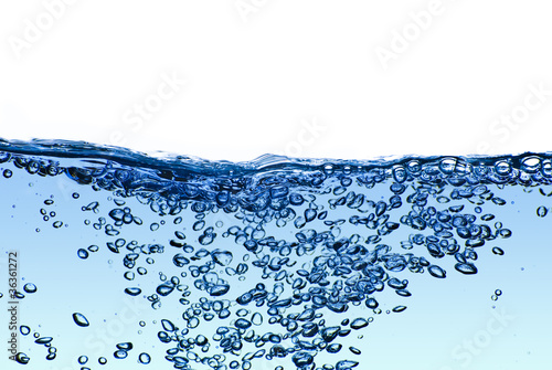 Isolated blue water splashing with bubbles and water drops - abs