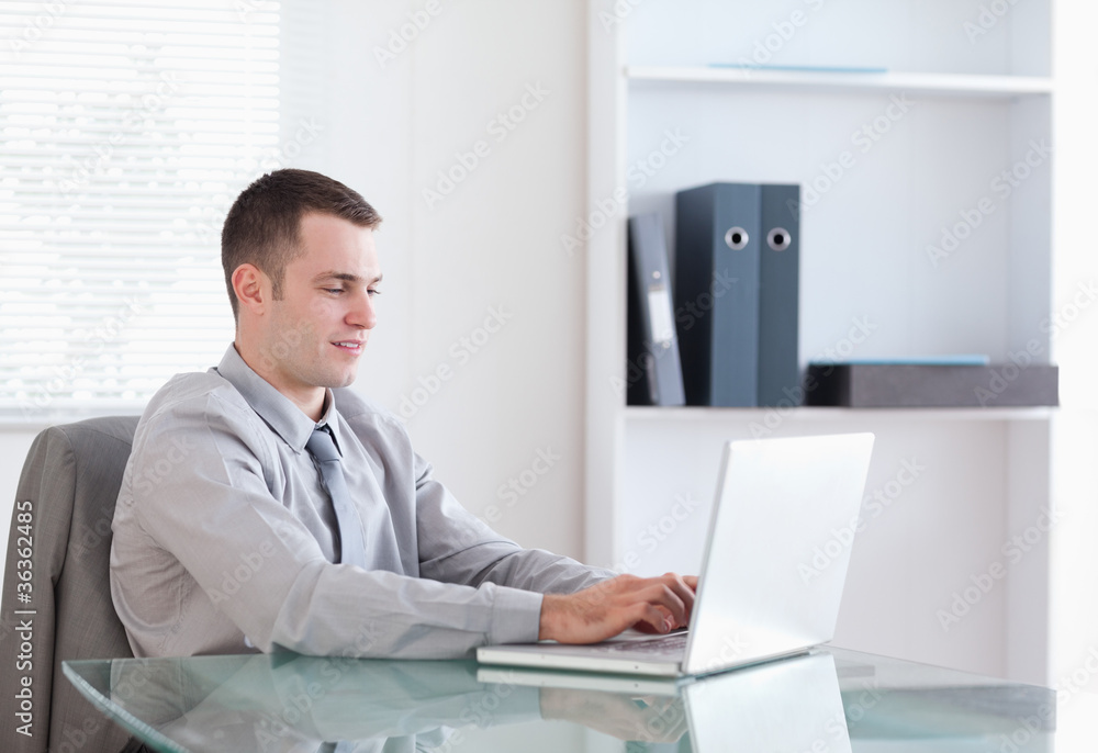 Satisfied businessman working on his notebook Satisfied businessman working on his notebook