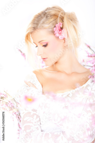 Portrait of a beautiful woman with blossoms, spring