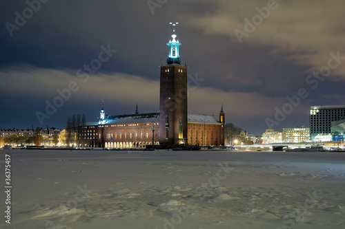 Evening view of the Stockholm City Hall at winter, Sweden photo