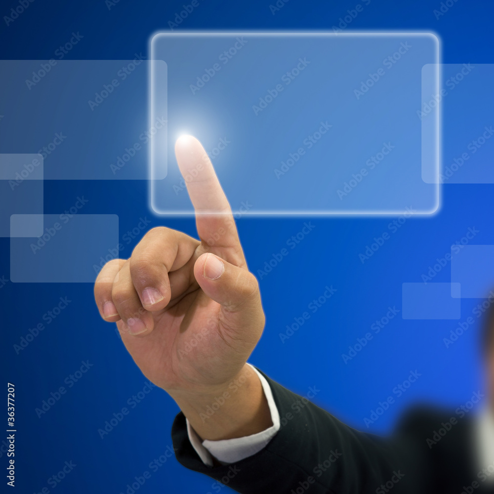 Right hand Businessman index press on white transparent button Right hand Businessman index press on white transparent button