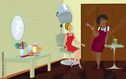 Beauty salon client sitting under hair dryer stand