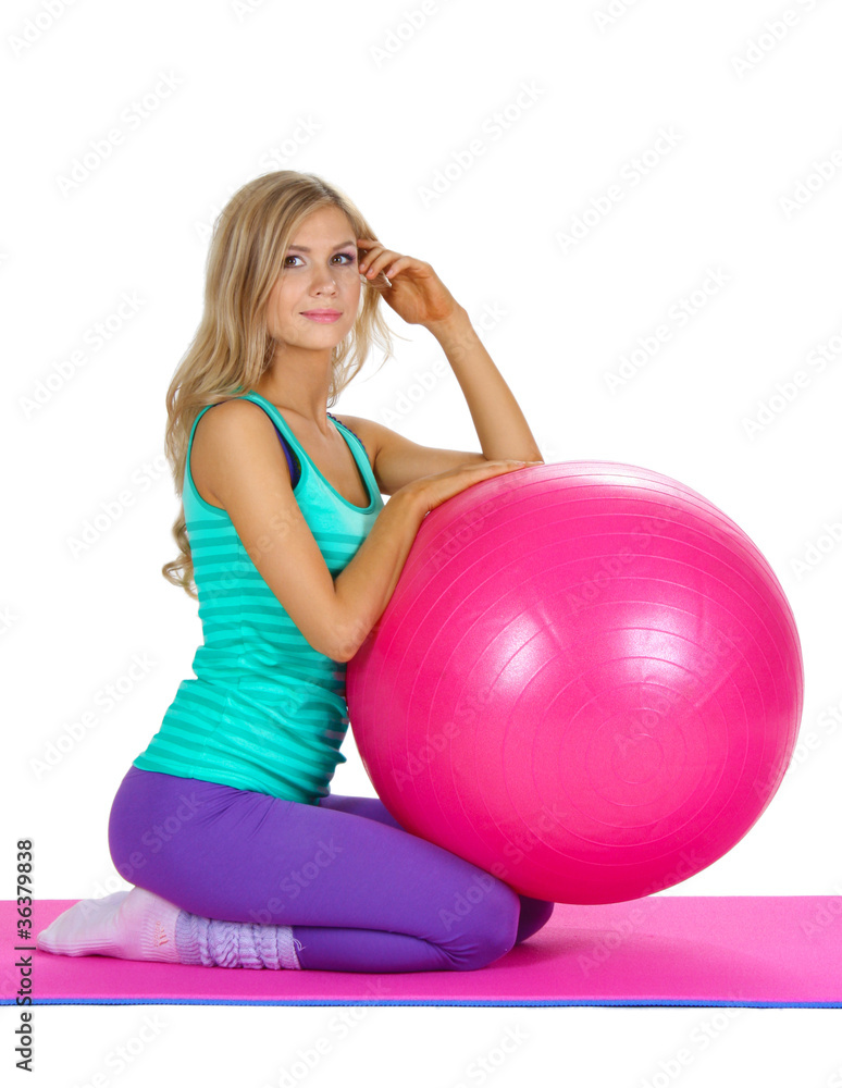 Beautiful fitness girl and boll isolated on white Beautiful fitness girl and boll isolated on white