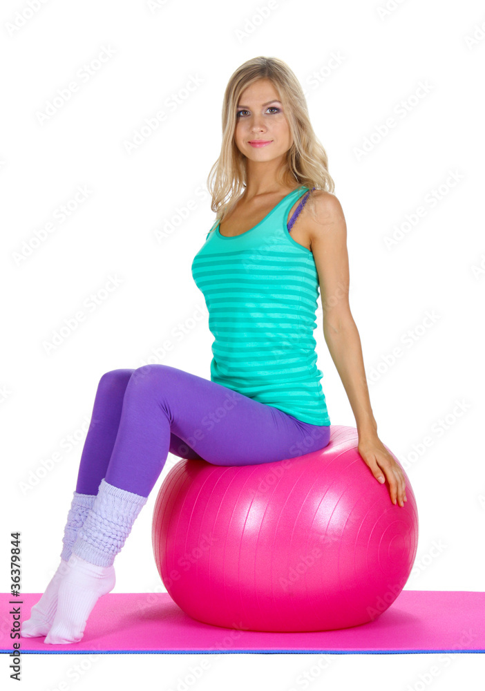Beautiful fitness girl and boll isolated on white Beautiful fitness girl and boll isolated on white