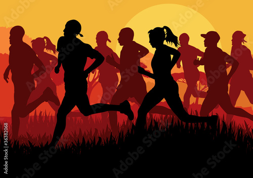 Marathon runners in skyscraper city landscape background