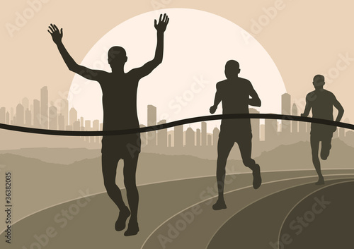 Marathon runners in skyscraper city landscape background