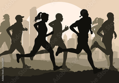 Marathon runners in skyscraper city landscape background