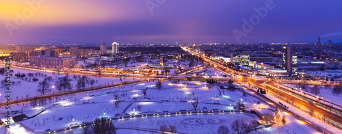 Night winter aerial panorama of Minsk, Belarus