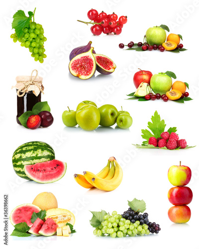 collage with tasty summer fruits and berries isolated on white