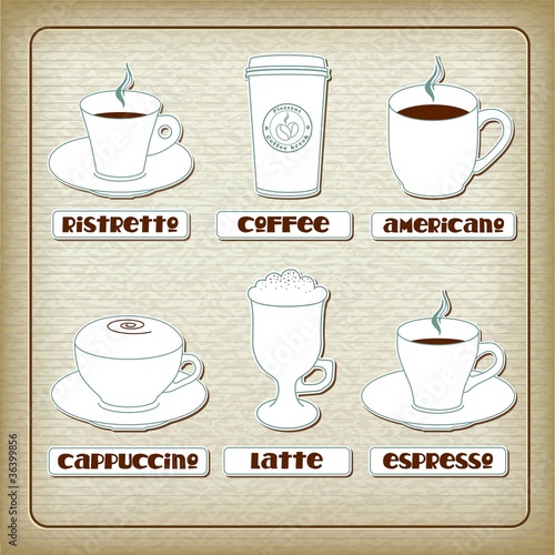 Set of cups with different coffee drinks on old carboard. Eps10