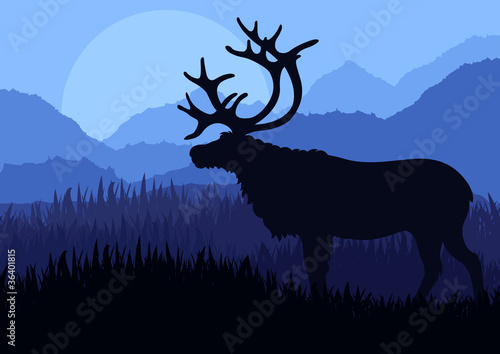 Reindeer in wild north nature landscape illustration