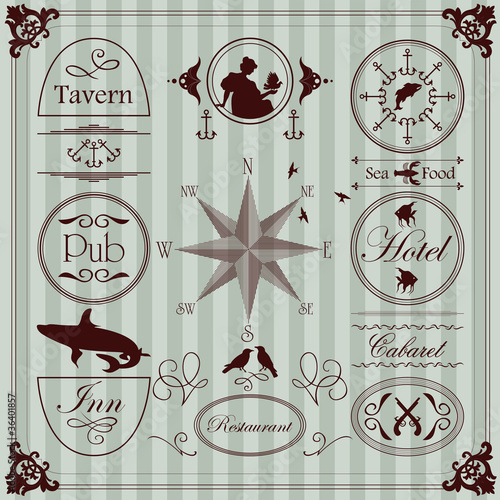 Vintage sailor marine elements illustration collection