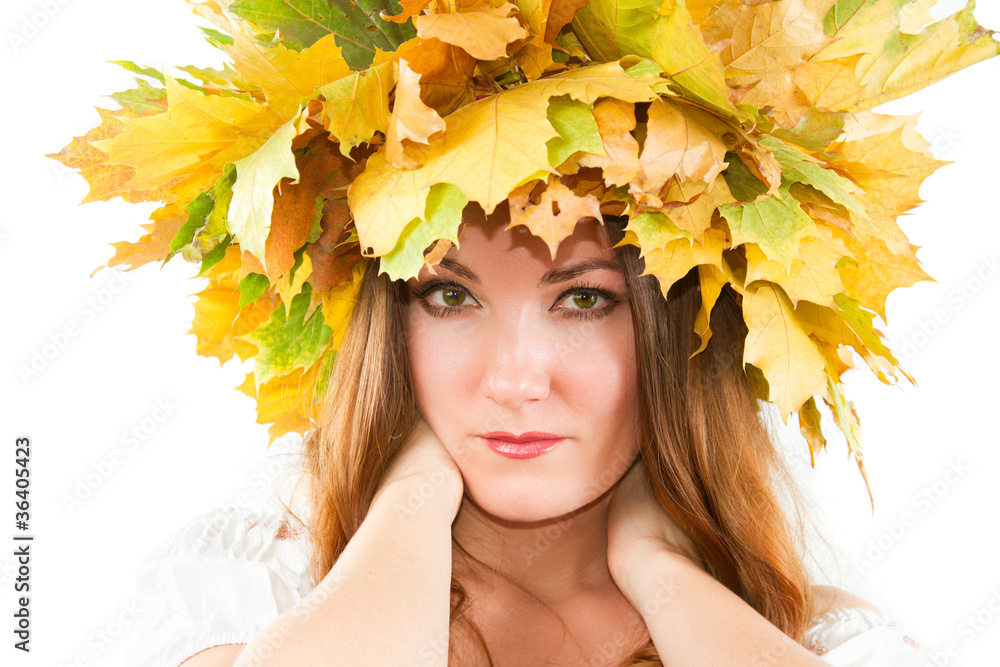 portrait of sexual autumn woman wreath of maple leaves portrait of sexual autumn woman wreath of maple leaves