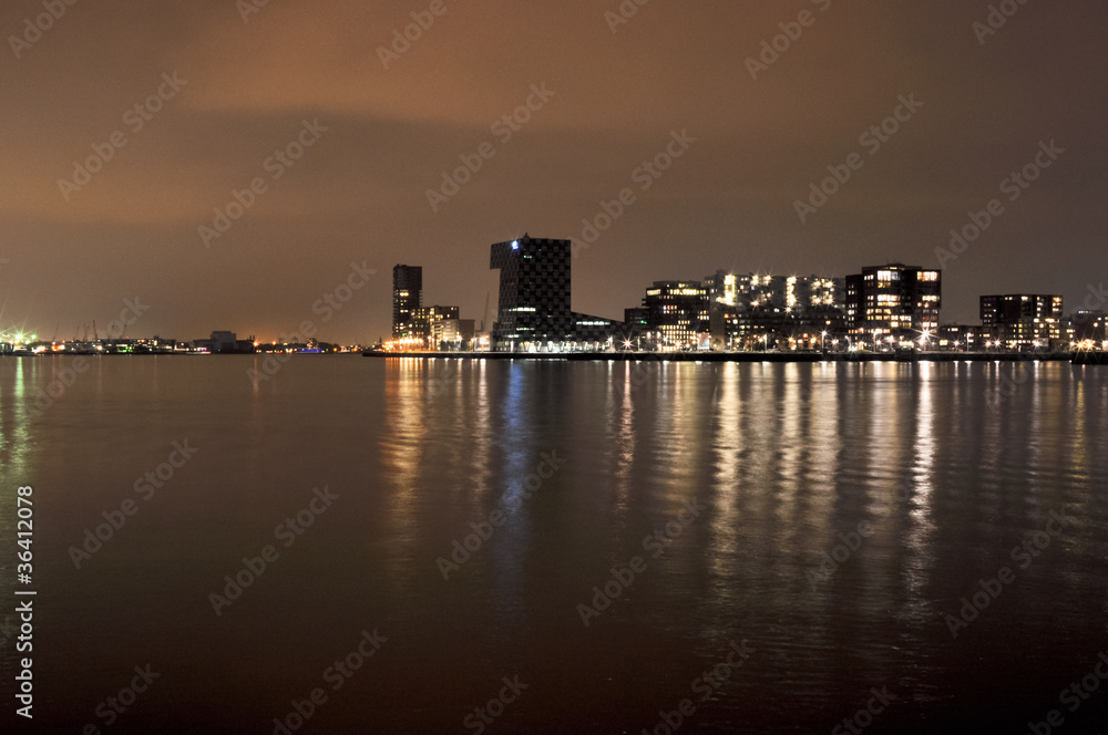 Rotterdam night view to Maas river and Euromacht