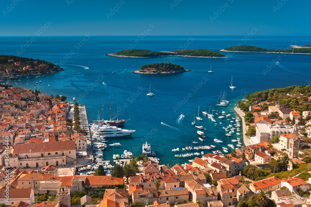 Harbor of old Adriatic island town Hvar. High angle view.