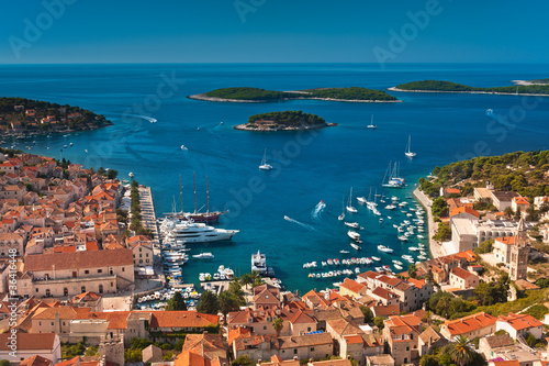 Harbor of old Adriatic island town Hvar. High angle view.