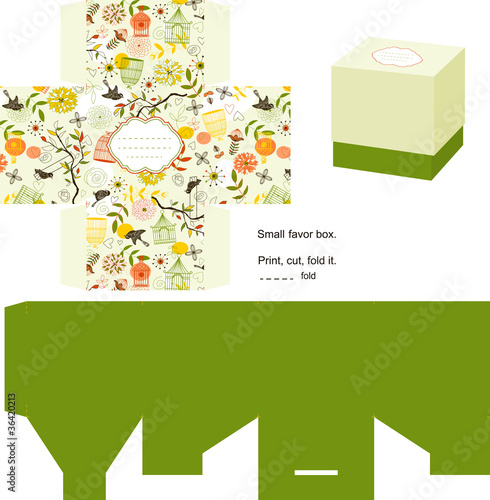 Favor box die cut. Nature pattern. Empty label.