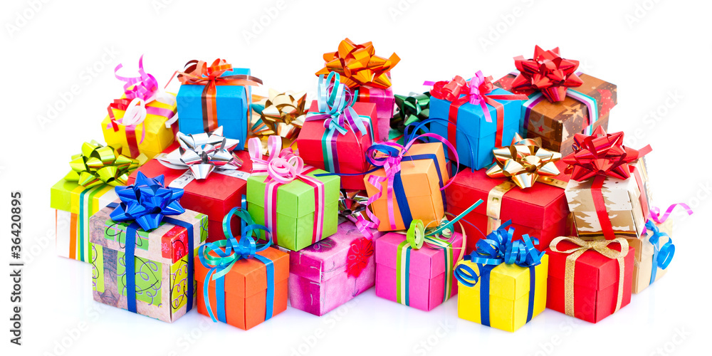 Pile de paquets cadeaux colorés Photos | Adobe Stock