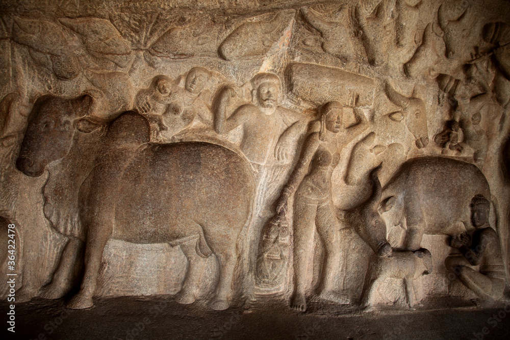 Krishna Mandapum, Bas-relief in Mammallapuram, India