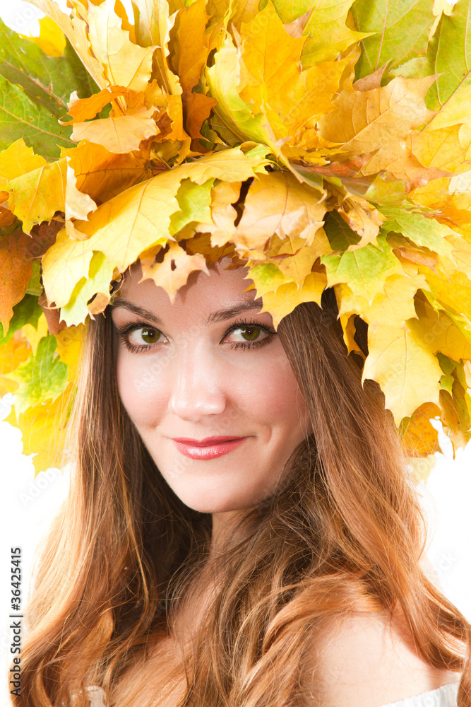 portrait of girl with autumn wreath of maple leaves portrait of girl with autumn wreath of maple leaves