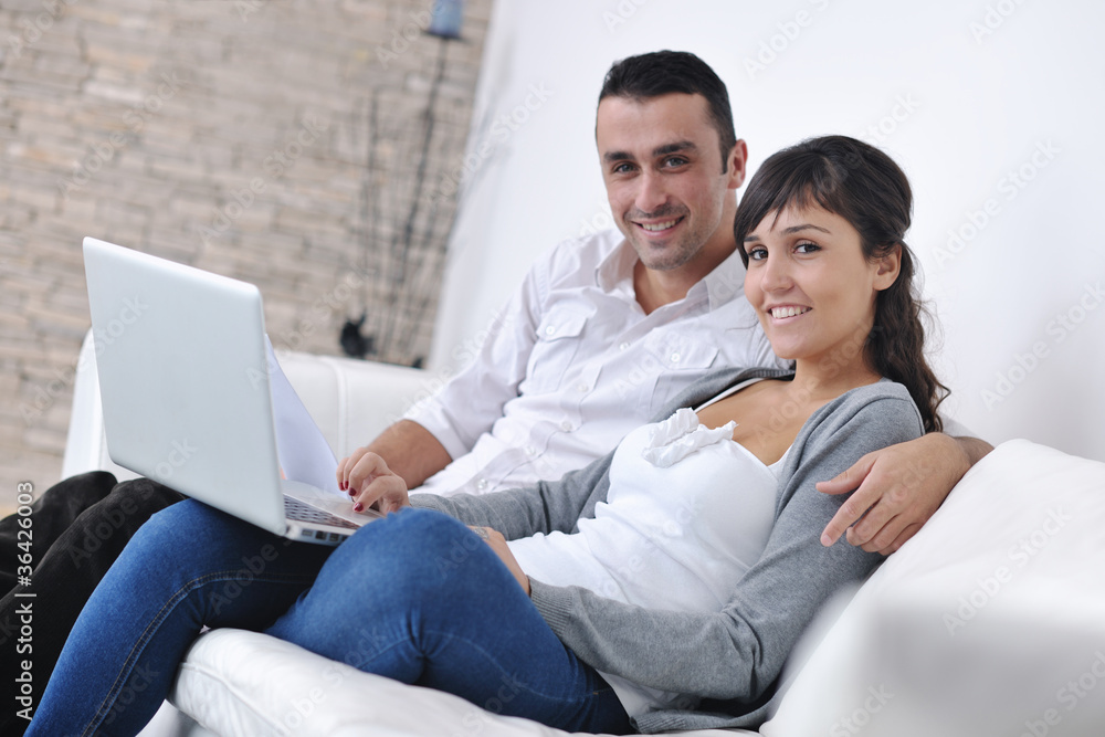 joyful couple relax and work on laptop computer at modern home joyful couple relax and work on laptop computer at modern home