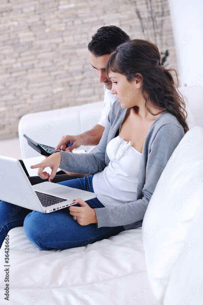 joyful couple relax and work on laptop computer at modern home joyful couple relax and work on laptop computer at modern home