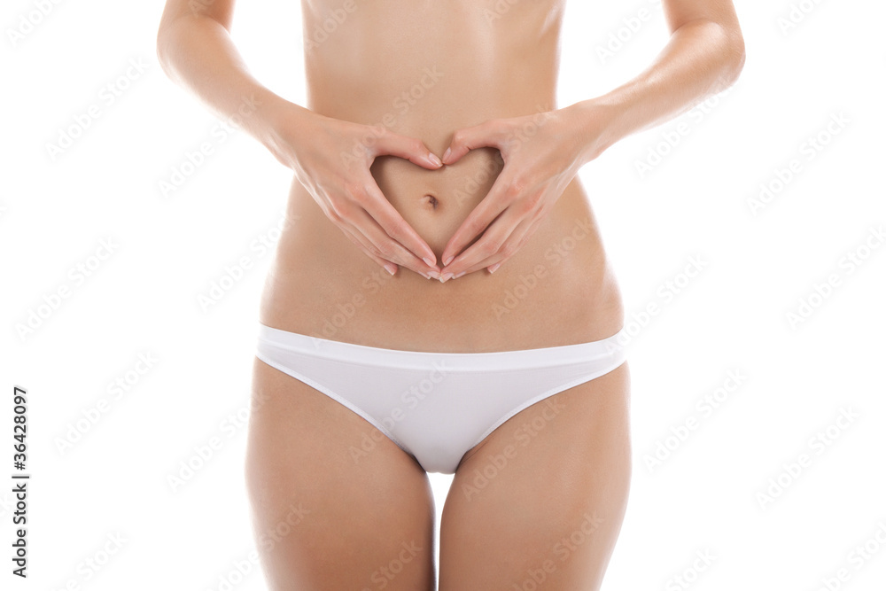 woman in white panties making heart shape with hands