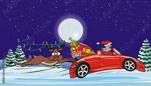 crazy santa in convertible and surprised reindeer