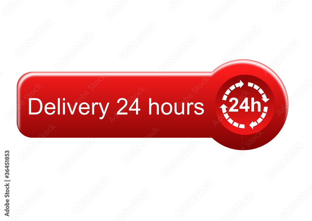 Delivery 24 hours button with red hand Delivery 24 hours button with red hand