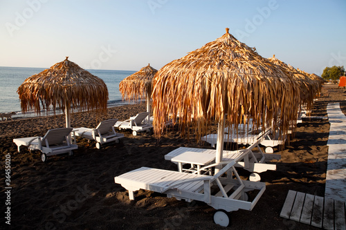 Sunbeds in Perissa  Santorini  Greece