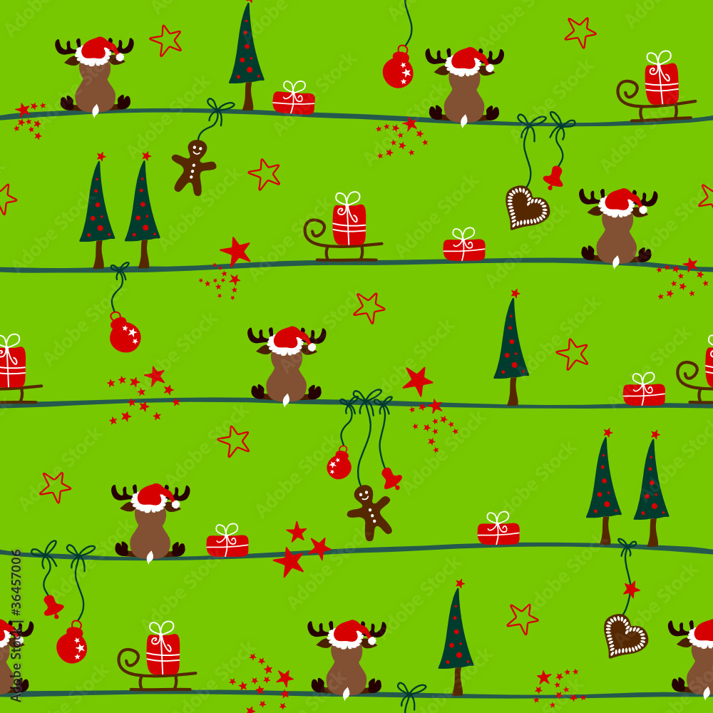 Seamless Pattern Reindeer & Symbols Green Seamless Pattern Reindeer & Symbols Green