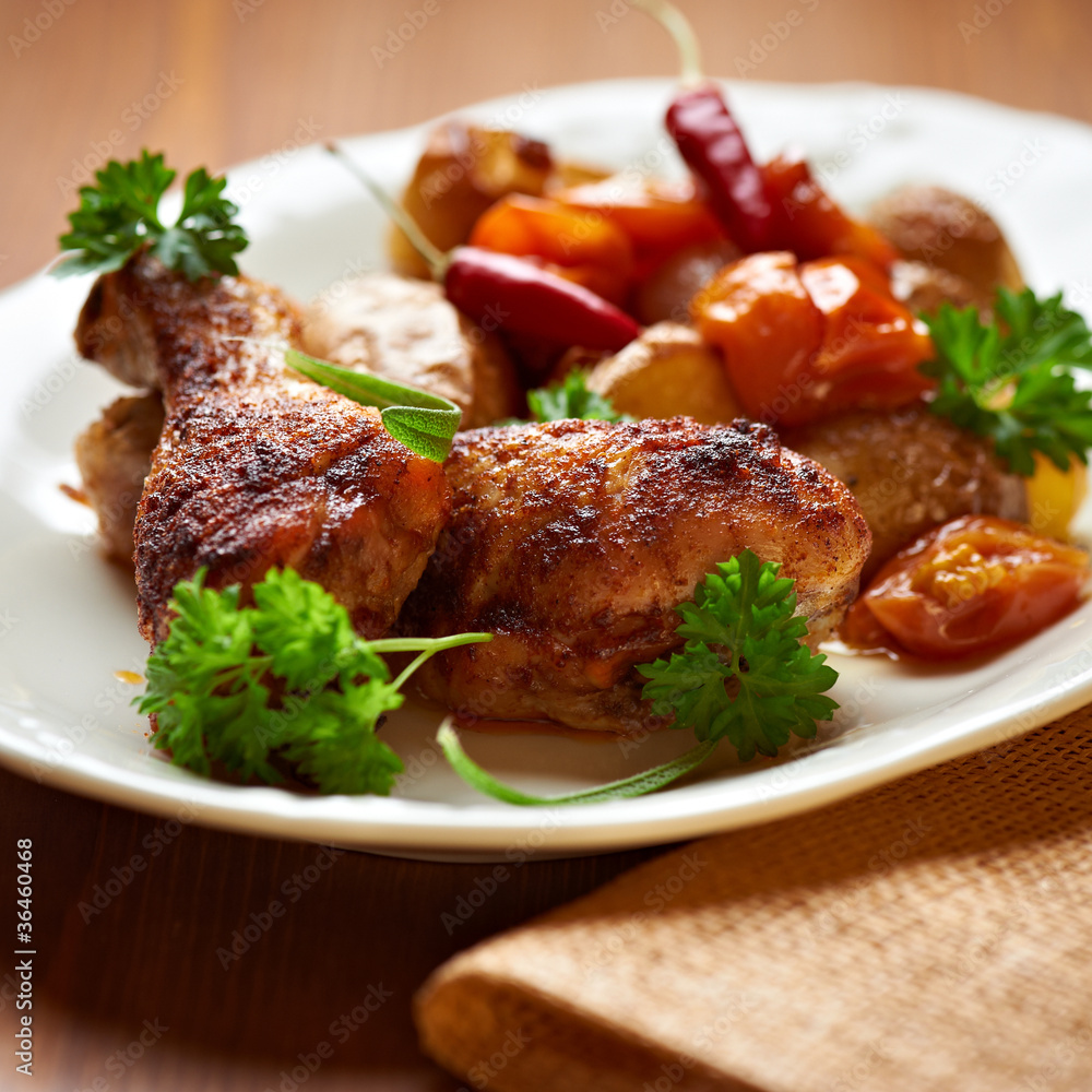 Roasted chicken legs and vegetables on a plate