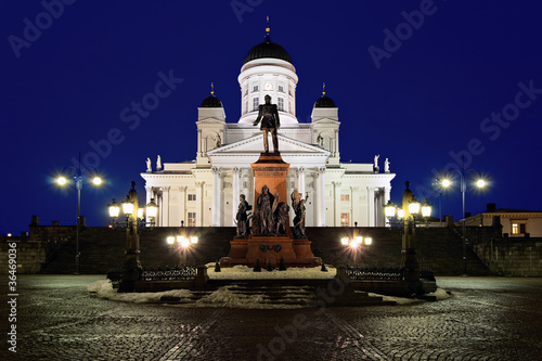 Helsinki cathedral and monument to Alexander II at evening
