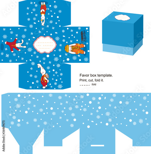 Christmas box die cut. Floral pattern. Empty label.