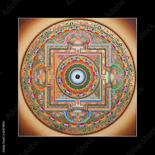 Bild auf Leinwand Inner part of ancient tibetan tangka Ohm Mandala on black