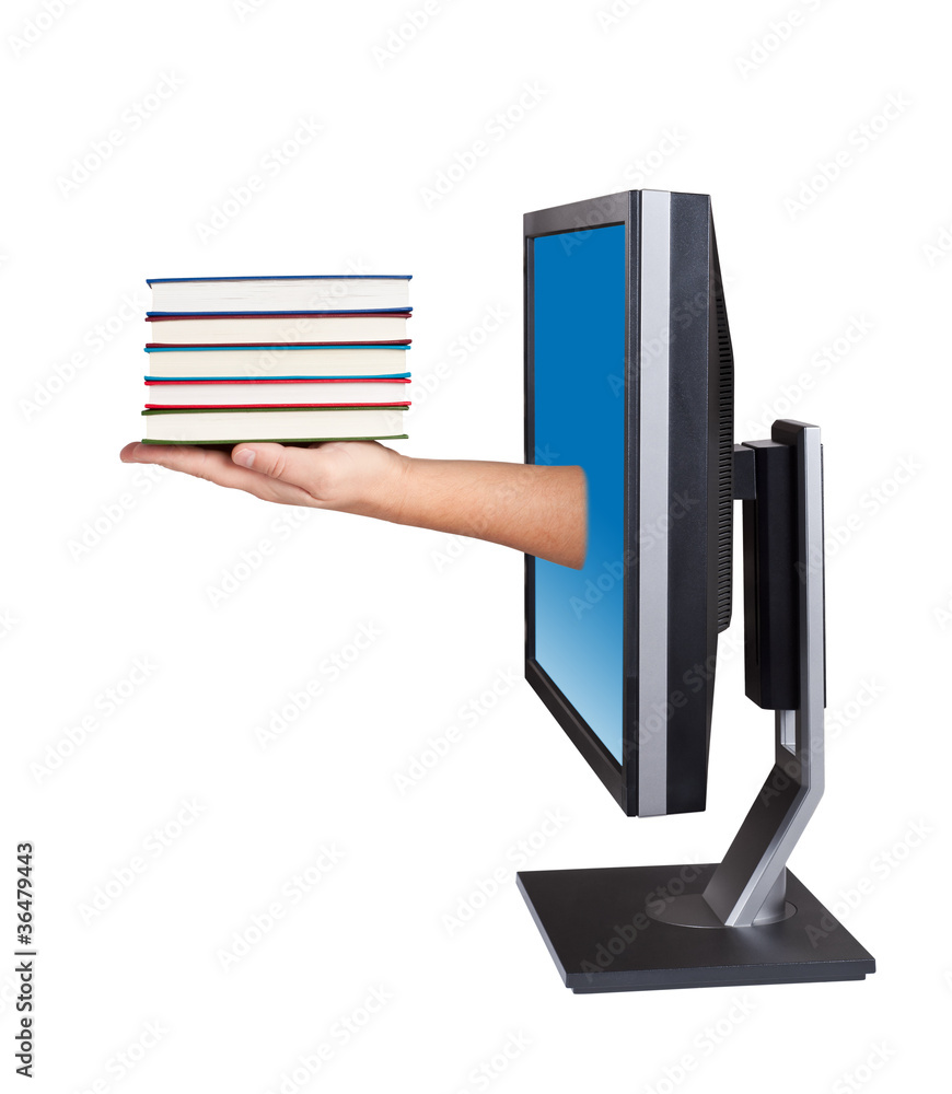 Computer screen and hand with books. Computer screen and hand with books.