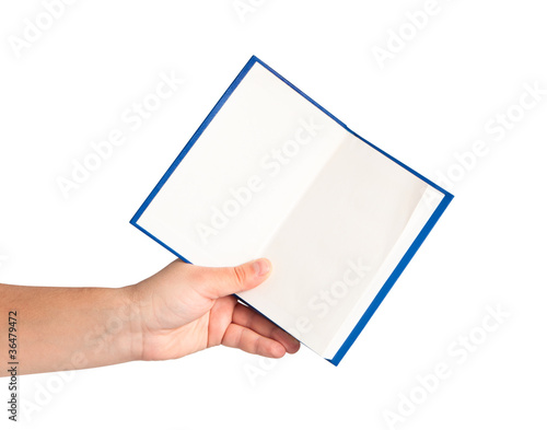 Open book in hand isolated on white background.