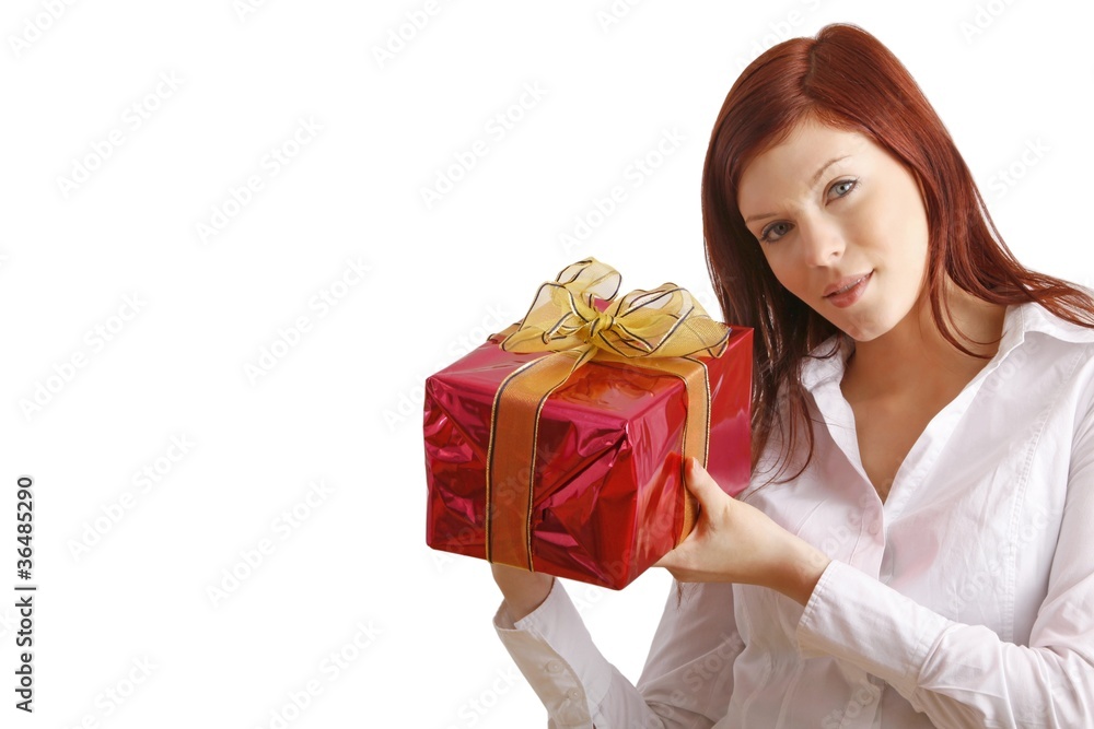 beautiful young woman with a red present (white background) beautiful young woman with a red present (white background)
