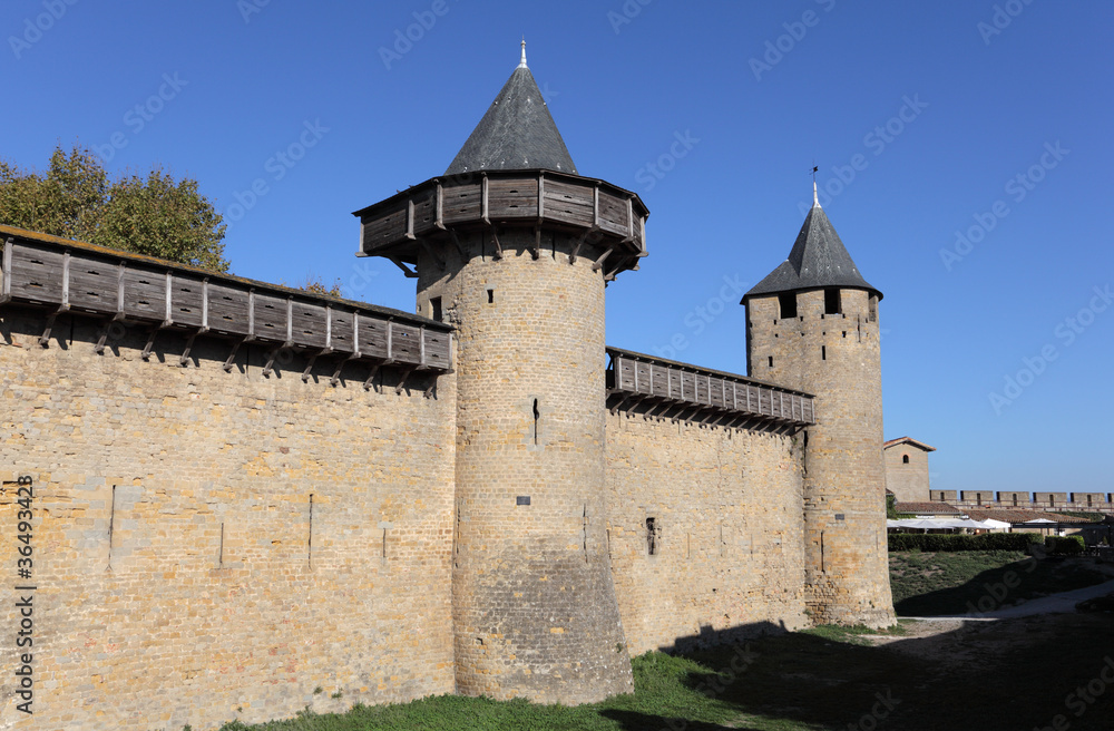 Fortified wall of medieval town Carcassonne, France