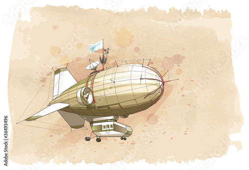 Dirigible balloon & watercolor vintage background